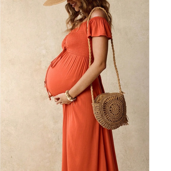 Boho Orange Off Shoulder Smocked High Waisted Maxi Dress - Picture 2 of 6